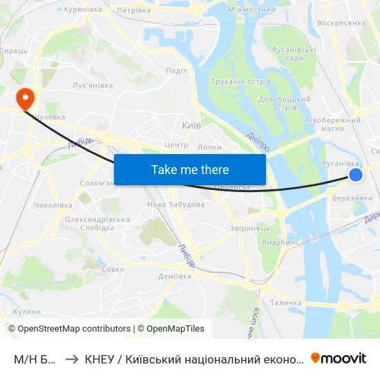 М/Н Березняки to КНЕУ / Київський національний економічний університет ім. В. Гетьмана map
