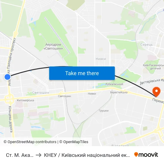 Ст. М. Академмістечко to КНЕУ / Київський національний економічний університет ім. В. Гетьмана map