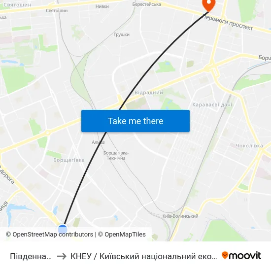 Південна Борщагівка to КНЕУ / Київський національний економічний університет ім. В. Гетьмана map