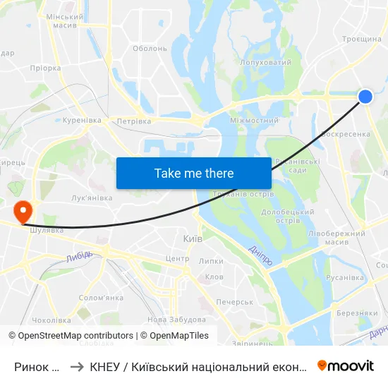 Ринок Троєщина to КНЕУ / Київський національний економічний університет ім. В. Гетьмана map
