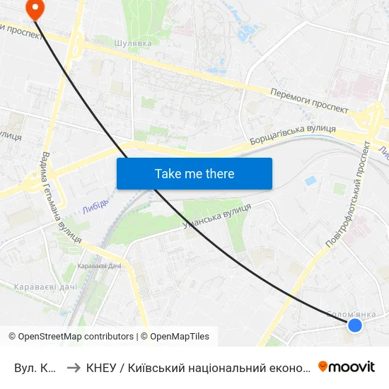 Вул. Кавказька to КНЕУ / Київський національний економічний університет ім. В. Гетьмана map