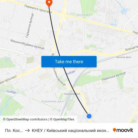 Пл. Космонавтів to КНЕУ / Київський національний економічний університет ім. В. Гетьмана map