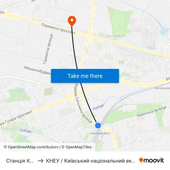 Станція Караваєвi Дачі to КНЕУ / Київський національний економічний університет ім. В. Гетьмана map