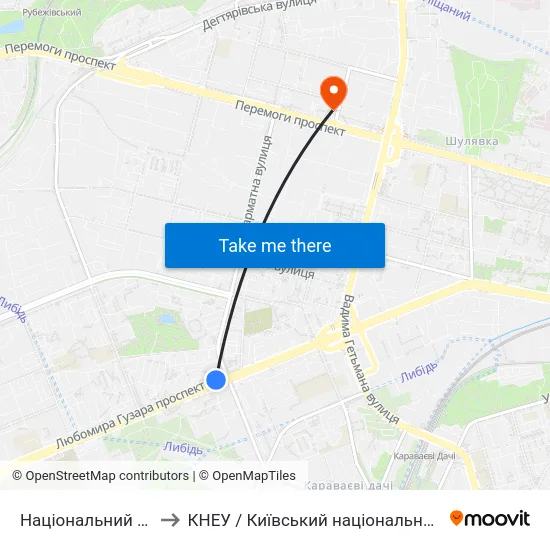 Національний Авіаційний Університет to КНЕУ / Київський національний економічний університет ім. В. Гетьмана map