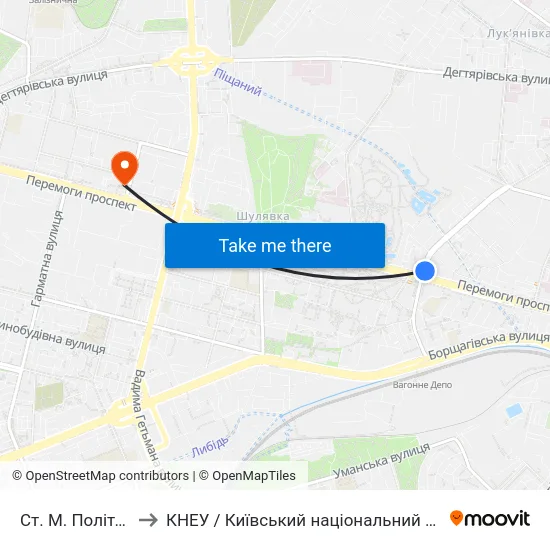 Ст. М. Політехнічний Інститут to КНЕУ / Київський національний економічний університет ім. В. Гетьмана map