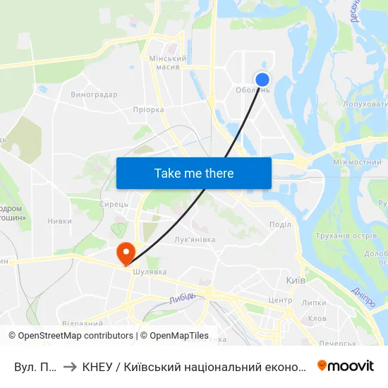 Вул. Прирічна to КНЕУ / Київський національний економічний університет ім. В. Гетьмана map