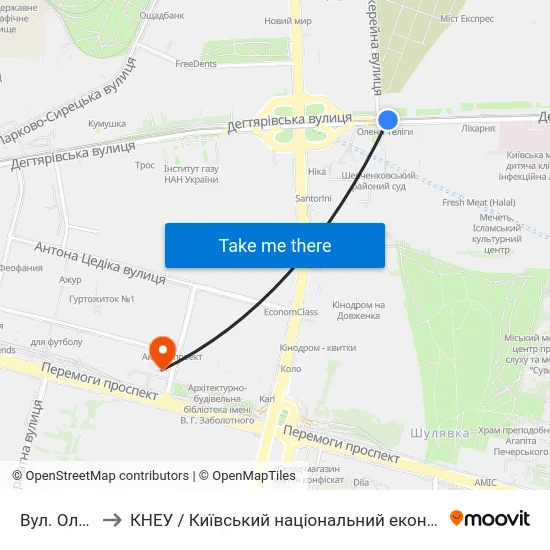 Вул. Олени Теліги to КНЕУ / Київський національний економічний університет ім. В. Гетьмана map