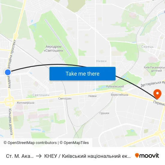 Ст. М. Академмістечко to КНЕУ / Київський національний економічний університет ім. В. Гетьмана map