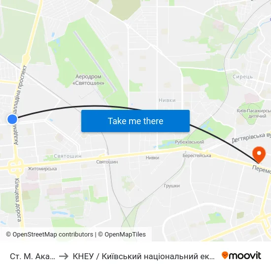 Ст. М. Академмістечко to КНЕУ / Київський національний економічний університет ім. В. Гетьмана map