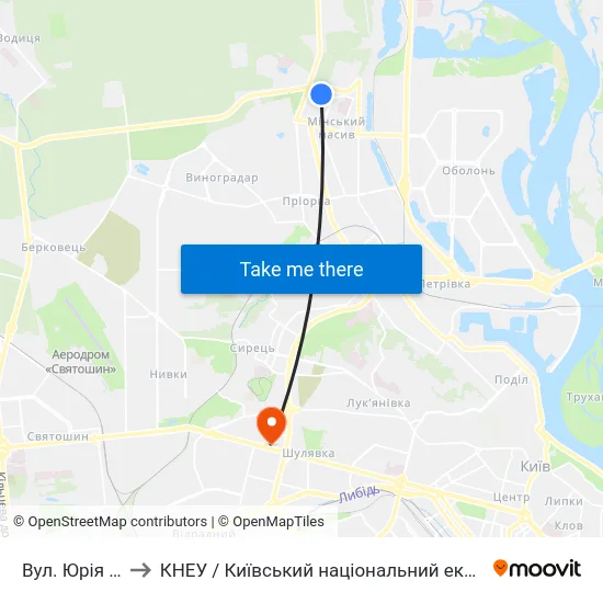 Вул. Юрія Кондратюка to КНЕУ / Київський національний економічний університет ім. В. Гетьмана map
