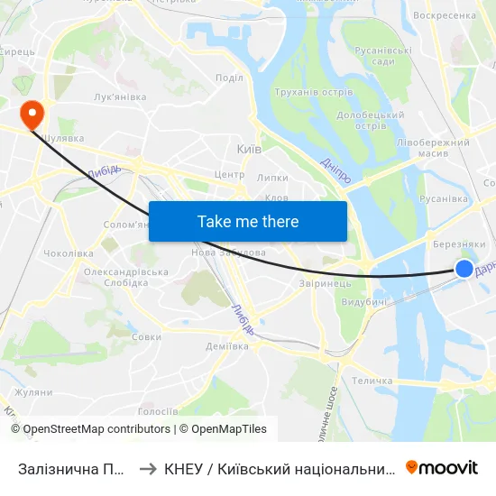 Залізнична Платформа Лівий Берег to КНЕУ / Київський національний економічний університет ім. В. Гетьмана map