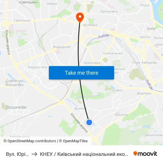 Вул. Юрія Смолича to КНЕУ / Київський національний економічний університет ім. В. Гетьмана map