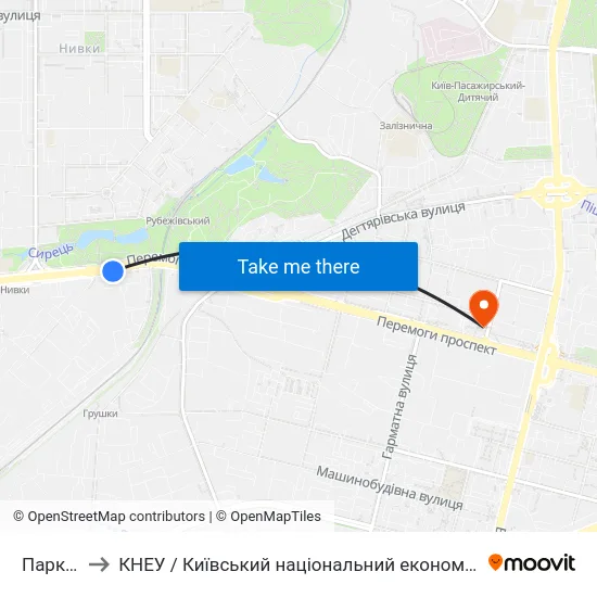 Парк Нивки to КНЕУ / Київський національний економічний університет ім. В. Гетьмана map