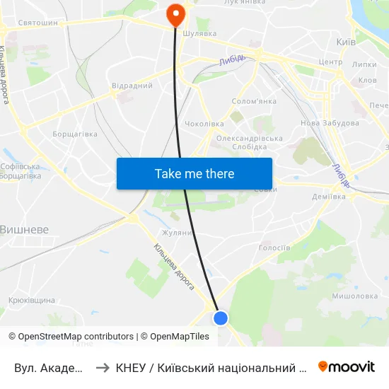 Вул. Академіка Заболотного to КНЕУ / Київський національний економічний університет ім. В. Гетьмана map