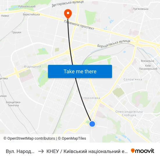 Вул. Народного Ополчення to КНЕУ / Київський національний економічний університет ім. В. Гетьмана map