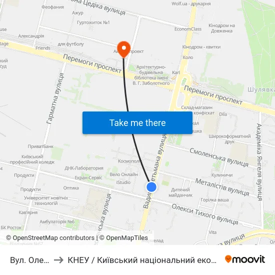 Вул. Олекси Тихого to КНЕУ / Київський національний економічний університет ім. В. Гетьмана map