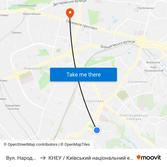 Вул. Народного Ополчення to КНЕУ / Київський національний економічний університет ім. В. Гетьмана map