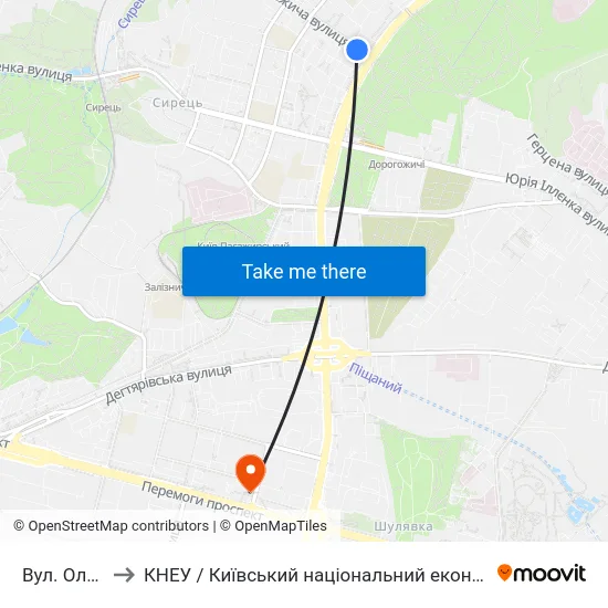 Вул. Олени Теліги to КНЕУ / Київський національний економічний університет ім. В. Гетьмана map