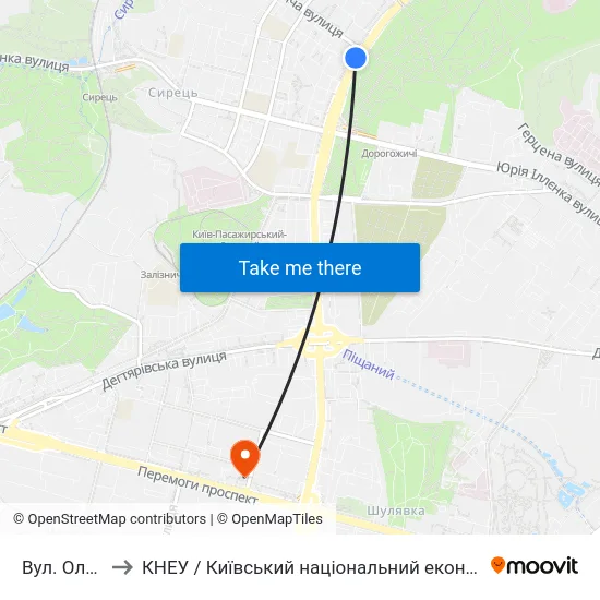 Вул. Олени Теліги to КНЕУ / Київський національний економічний університет ім. В. Гетьмана map