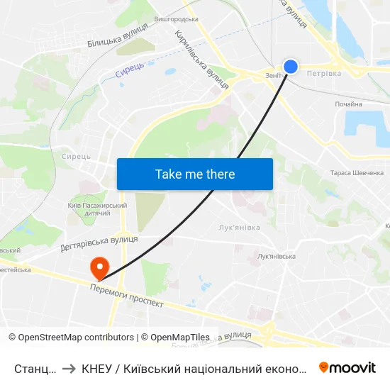 Станція Зеніт to КНЕУ / Київський національний економічний університет ім. В. Гетьмана map