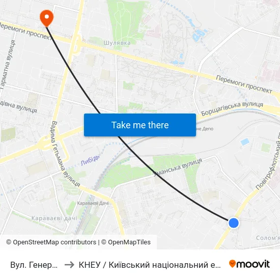 Вул. Генерала Воробйова to КНЕУ / Київський національний економічний університет ім. В. Гетьмана map