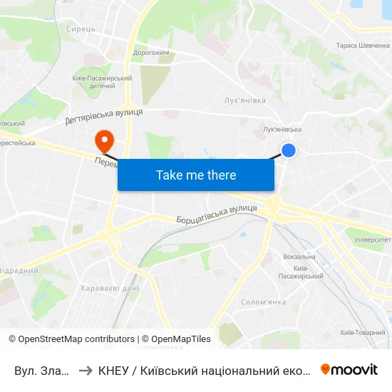 Вул. Златоустівська to КНЕУ / Київський національний економічний університет ім. В. Гетьмана map