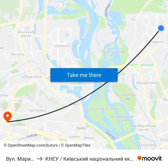 Вул. Марини Цвєтаєвої to КНЕУ / Київський національний економічний університет ім. В. Гетьмана map
