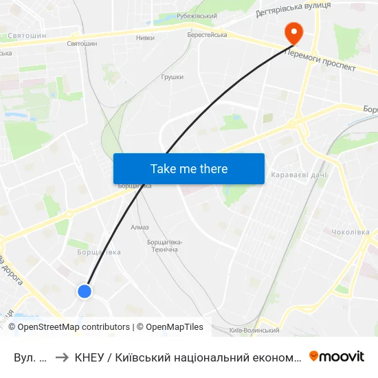 Вул. Зодчих to КНЕУ / Київський національний економічний університет ім. В. Гетьмана map