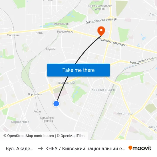 Вул. Академіка Білецького to КНЕУ / Київський національний економічний університет ім. В. Гетьмана map