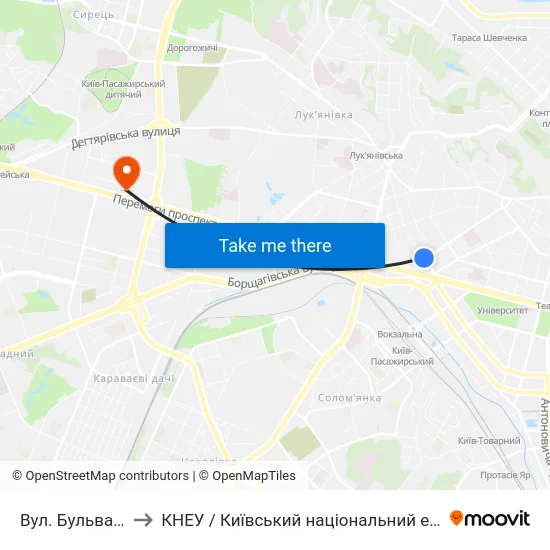 Вул. Бульварно-Кудрявська to КНЕУ / Київський національний економічний університет ім. В. Гетьмана map