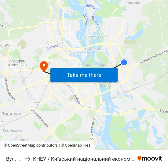 Вул. Юності to КНЕУ / Київський національний економічний університет ім. В. Гетьмана map