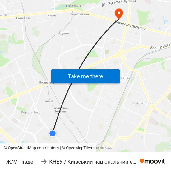 Ж/М Південна Борщагівка to КНЕУ / Київський національний економічний університет ім. В. Гетьмана map