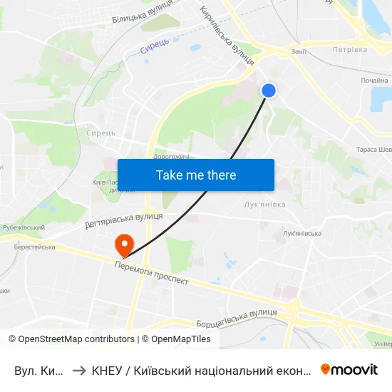 Вул. Кирилівська to КНЕУ / Київський національний економічний університет ім. В. Гетьмана map