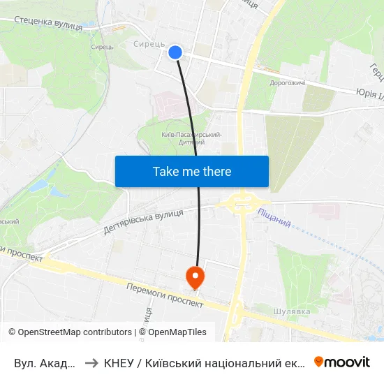 Вул. Академіка Щусєва to КНЕУ / Київський національний економічний університет ім. В. Гетьмана map