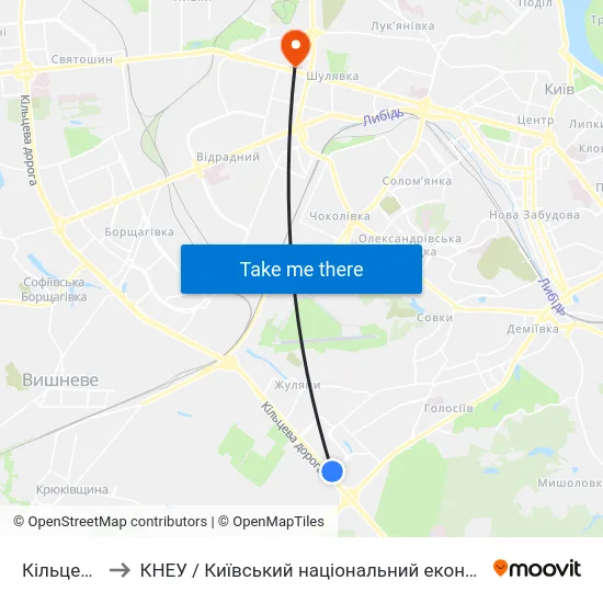 Кільцева Дорога to КНЕУ / Київський національний економічний університет ім. В. Гетьмана map