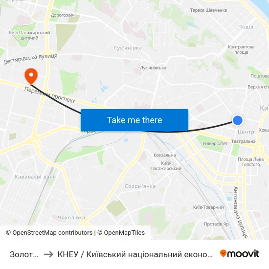 Золоті Ворота to КНЕУ / Київський національний економічний університет ім. В. Гетьмана map