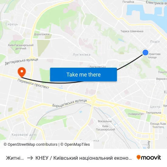 Житній Ринок to КНЕУ / Київський національний економічний університет ім. В. Гетьмана map