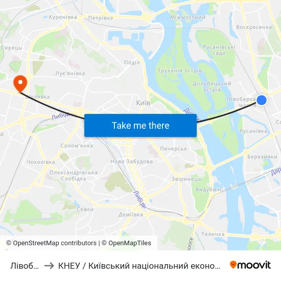 Лівобережна to КНЕУ / Київський національний економічний університет ім. В. Гетьмана map