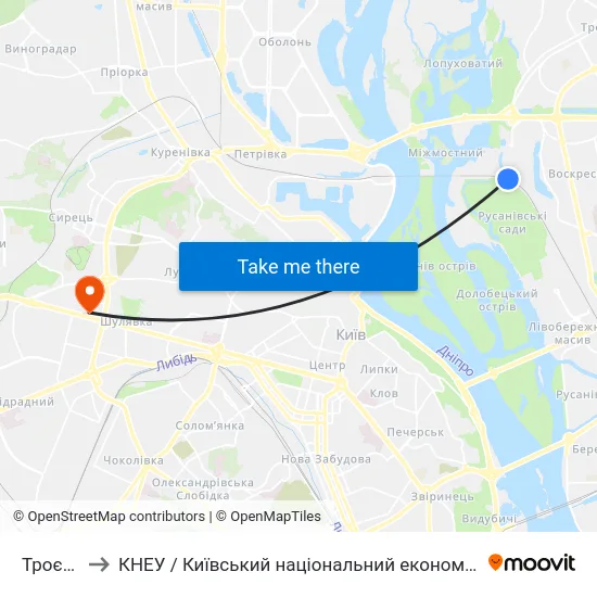 Троєщина-2 to КНЕУ / Київський національний економічний університет ім. В. Гетьмана map