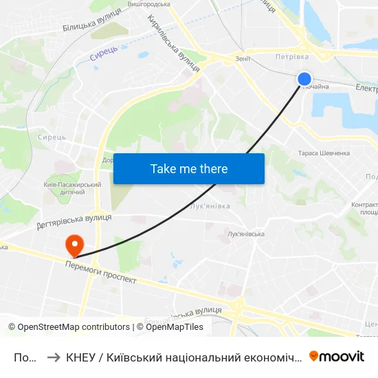 Почайна to КНЕУ / Київський національний економічний університет ім. В. Гетьмана map