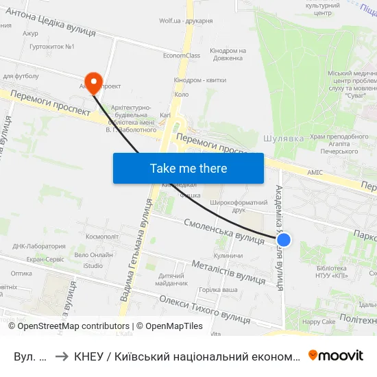 Вул. Янгеля to КНЕУ / Київський національний економічний університет ім. В. Гетьмана map