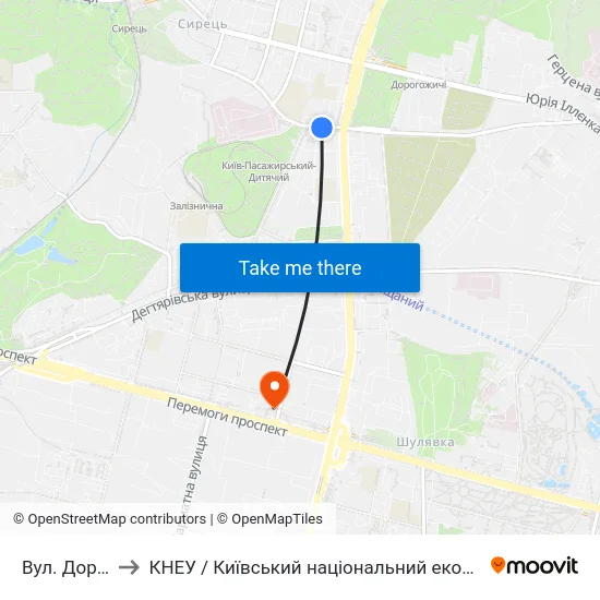Вул. Дорогожицька to КНЕУ / Київський національний економічний університет ім. В. Гетьмана map
