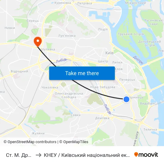 Ст. М. Дружби Народів to КНЕУ / Київський національний економічний університет ім. В. Гетьмана map