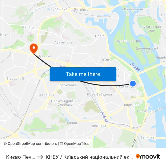 Києво-Печерська Лавра to КНЕУ / Київський національний економічний університет ім. В. Гетьмана map