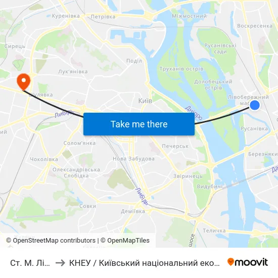 Ст. М. Лівобережна to КНЕУ / Київський національний економічний університет ім. В. Гетьмана map