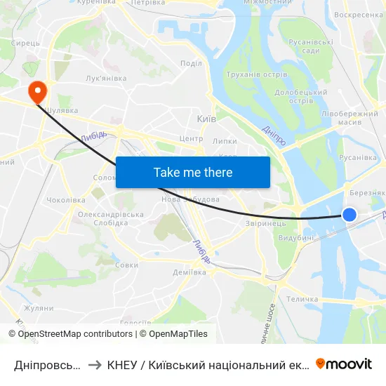 Дніпровська Набережна to КНЕУ / Київський національний економічний університет ім. В. Гетьмана map