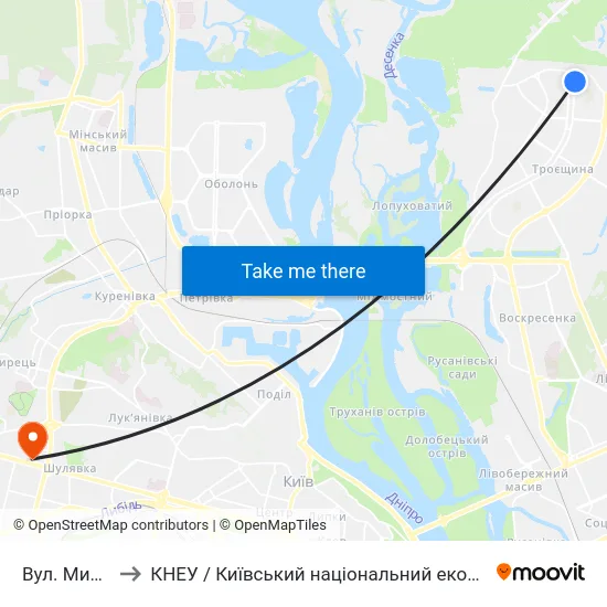 Вул. Милославська to КНЕУ / Київський національний економічний університет ім. В. Гетьмана map