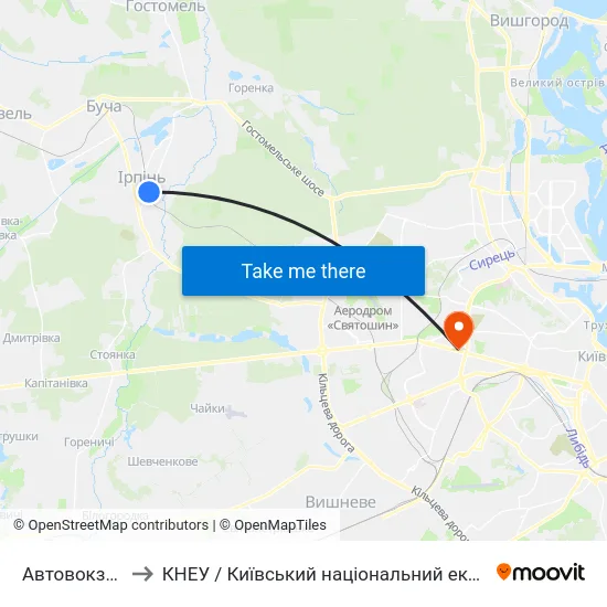 Автовокзал (М. Ірпінь) to КНЕУ / Київський національний економічний університет ім. В. Гетьмана map