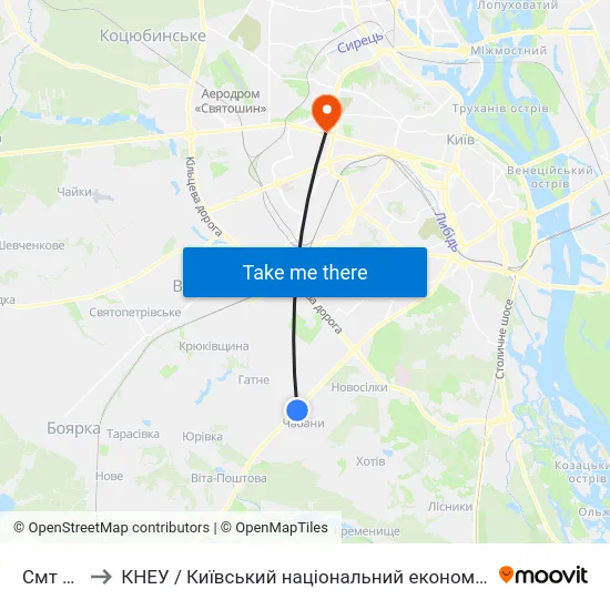 Смт Чабани to КНЕУ / Київський національний економічний університет ім. В. Гетьмана map