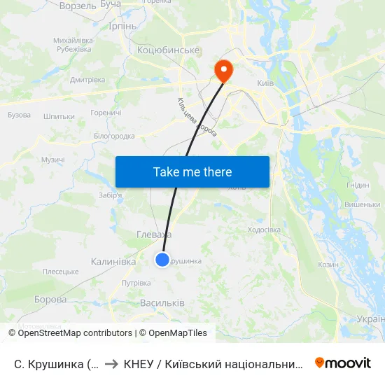 С. Крушинка (Військова Частина) to КНЕУ / Київський національний економічний університет ім. В. Гетьмана map